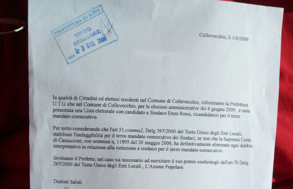 RICHIESTA CIVICA DI AZIONE POPOLARE  all' UTG Ufficio Territoriale del Governo, per la ricandidatura a terzo mandato illegale a sindaco di Enzo Rossi 2009